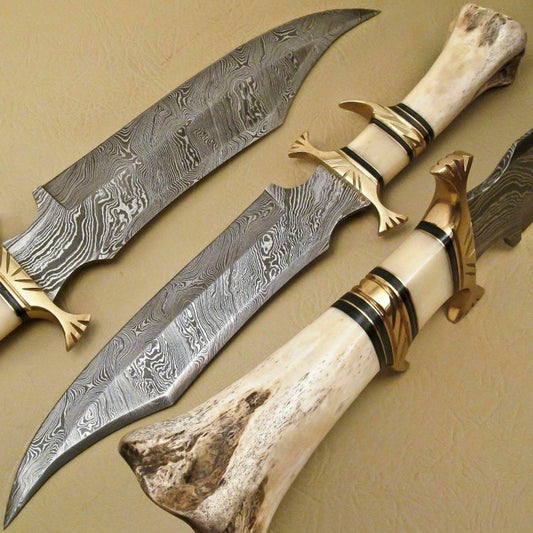 Handmade Damascus Hunting 16" Knife with Camel Bone Grip