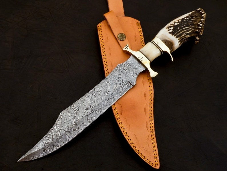 Handmade Damascus Hunting 16" Knife with Camel Bone Grip