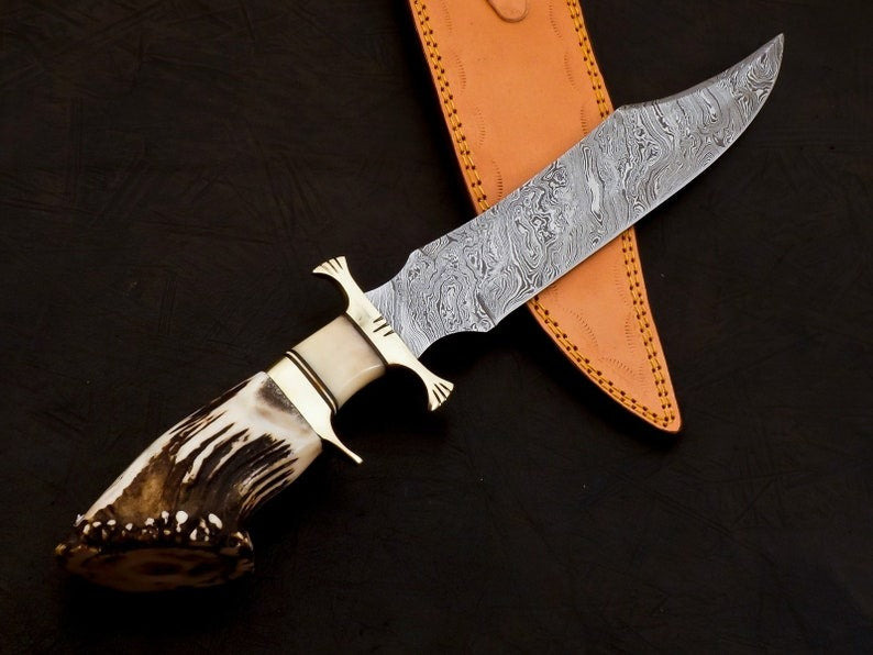 Handmade Damascus Hunting 16" Knife with Camel Bone Grip