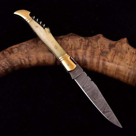 Corkscrew Damascus Folding 8.5" Knife Handle Camel Bone