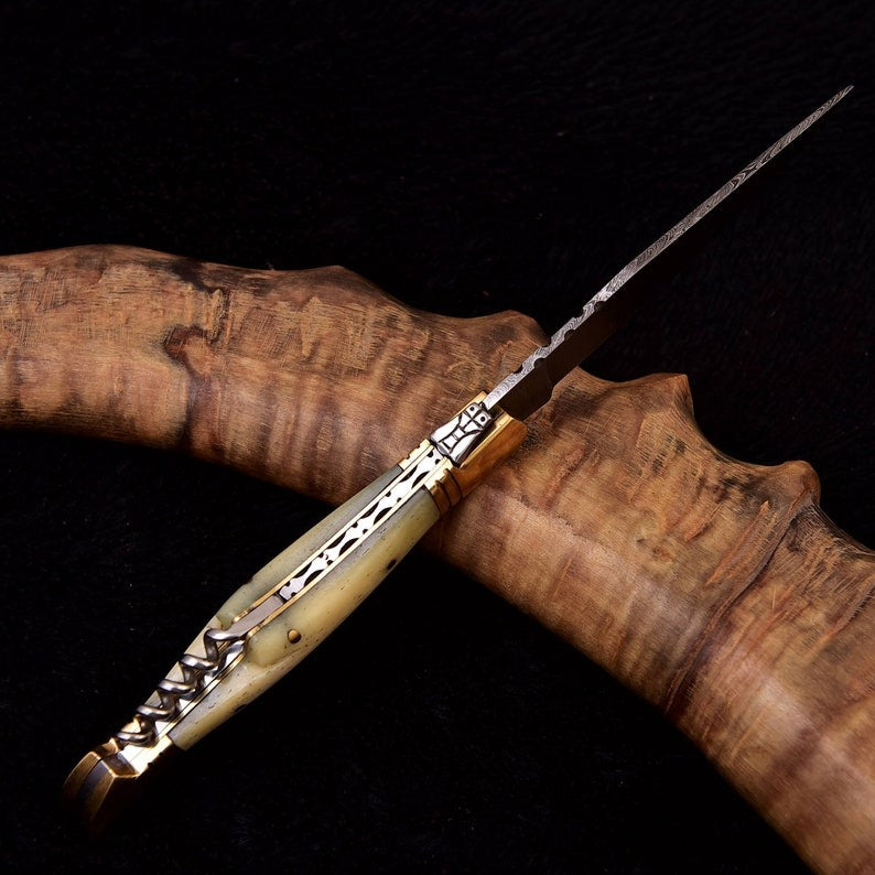 Corkscrew Damascus Folding 8.5" Knife Handle Camel Bone