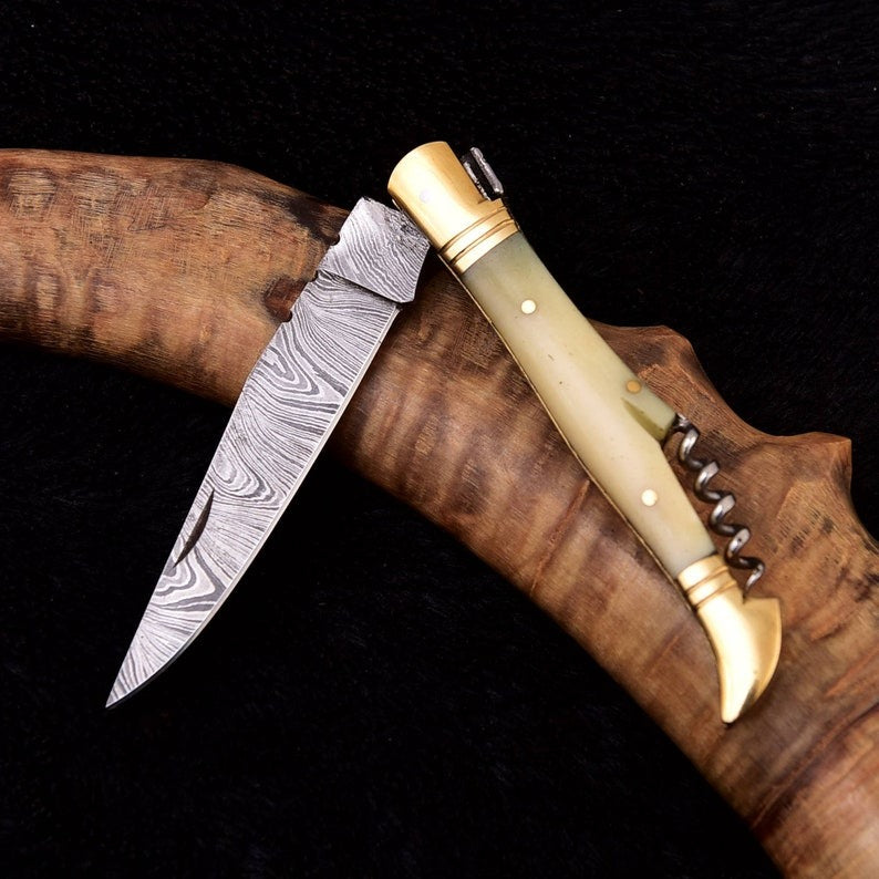 Corkscrew Damascus Folding 8.5" Knife Handle Camel Bone