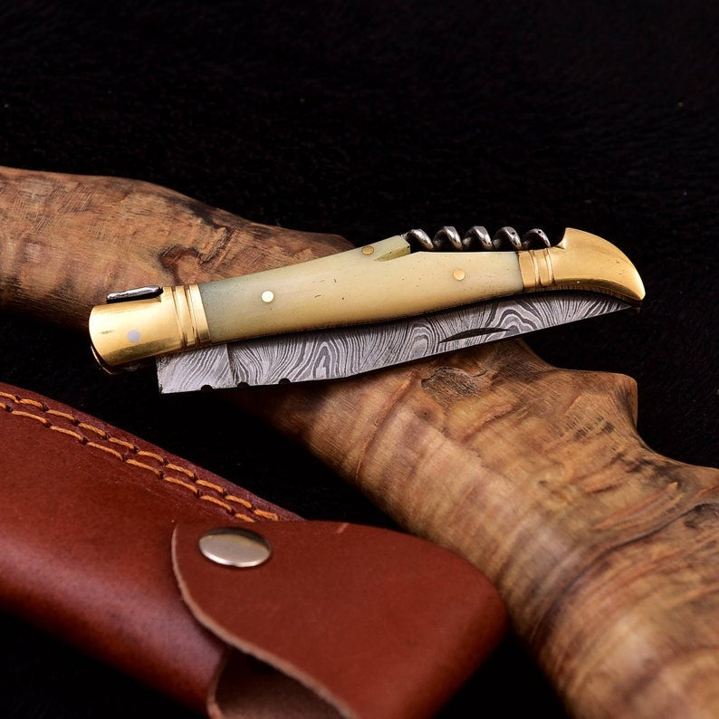 Corkscrew Damascus Folding 8.5" Knife Handle Camel Bone
