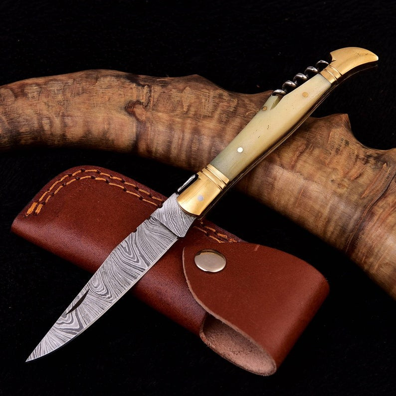 Corkscrew Damascus Folding 8.5" Knife Handle Camel Bone