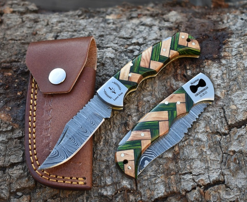 Custom Made Damascus Folding Pocket 6.5” knife Multicolor