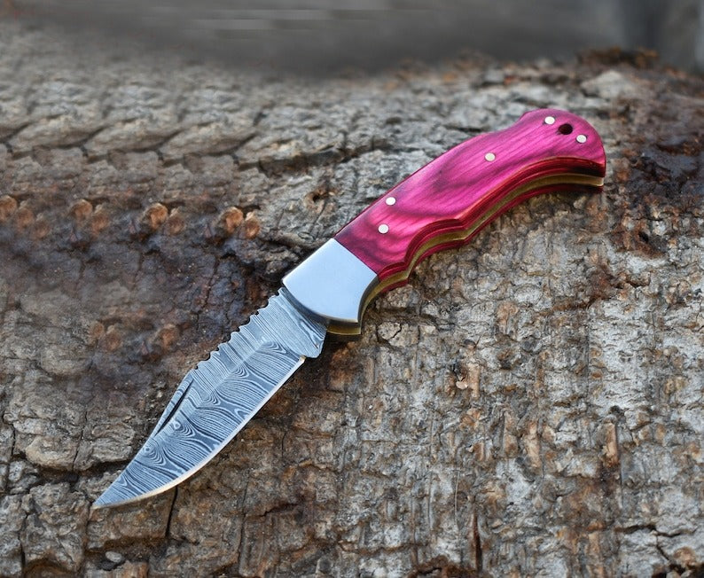 Custom Made Damascus Folding Pocket 6.5” knife Multicolor