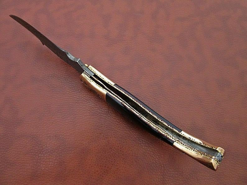 Handmade Damascus Folding 8.5" Knife Ram Horn Handle