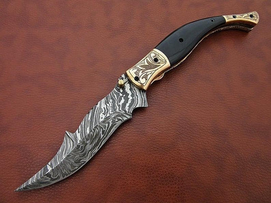 Handmade Damascus Folding 8.5" Knife Ram Horn Handle