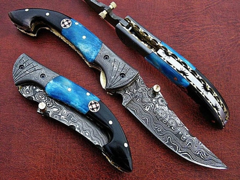 Handmade Damascus Folding 8.5" Knife Ram Horn Handle