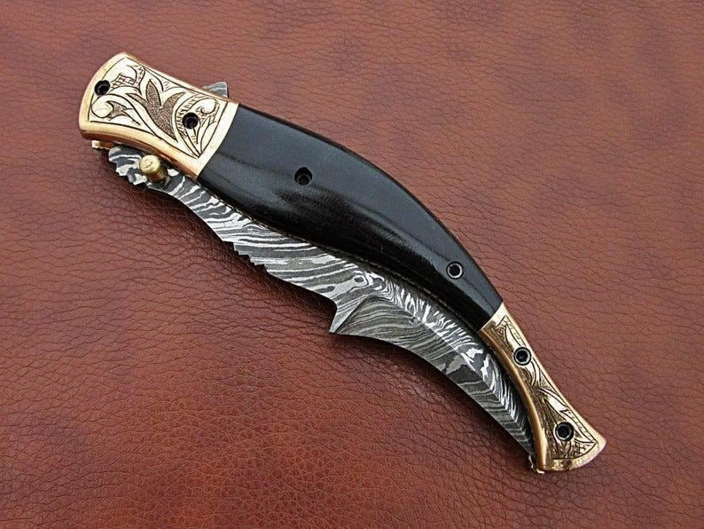 Handmade Damascus Folding 8.5" Knife Ram Horn Handle