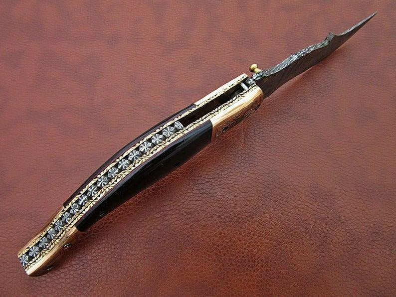 Handmade Damascus Folding 8.5" Knife Ram Horn Handle