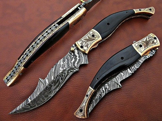 Handmade Damascus Folding 8.5" Knife Ram Horn Handle