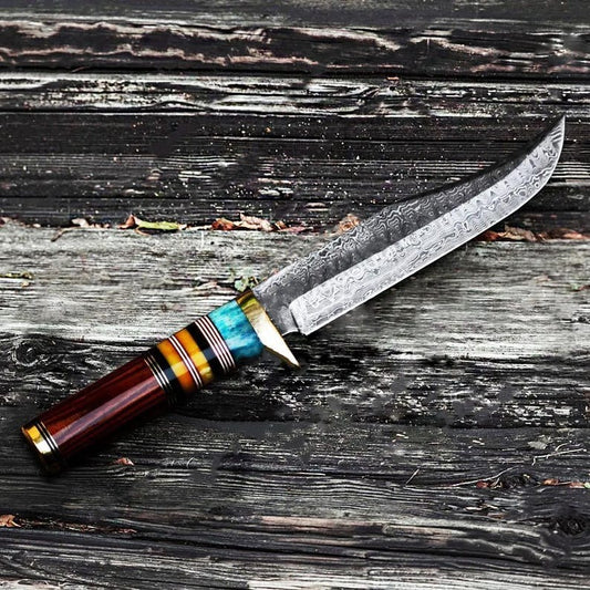 Custom Made Damascus Hunting 12" Knife with Wood Handle