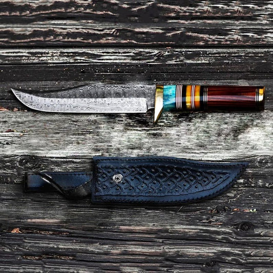 Custom Made Damascus Hunting 12" Knife with Wood Handle