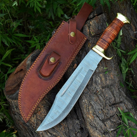 Damascus Hunting 17" Knife with Leather Sheath