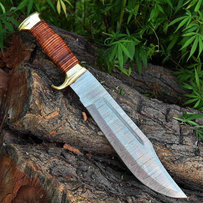 Damascus Hunting 17" Knife with Leather Sheath