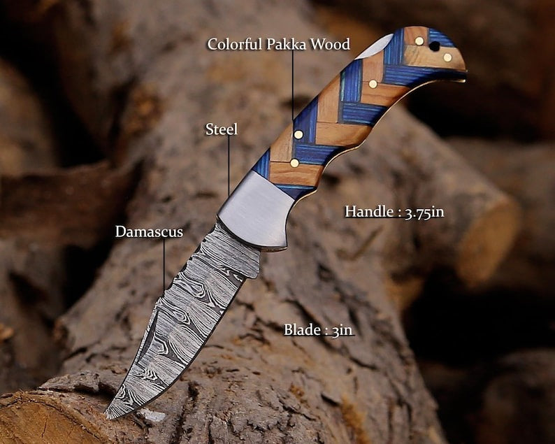 Custom Made Damascus Folding Pocket 6.5” knife Multicolor