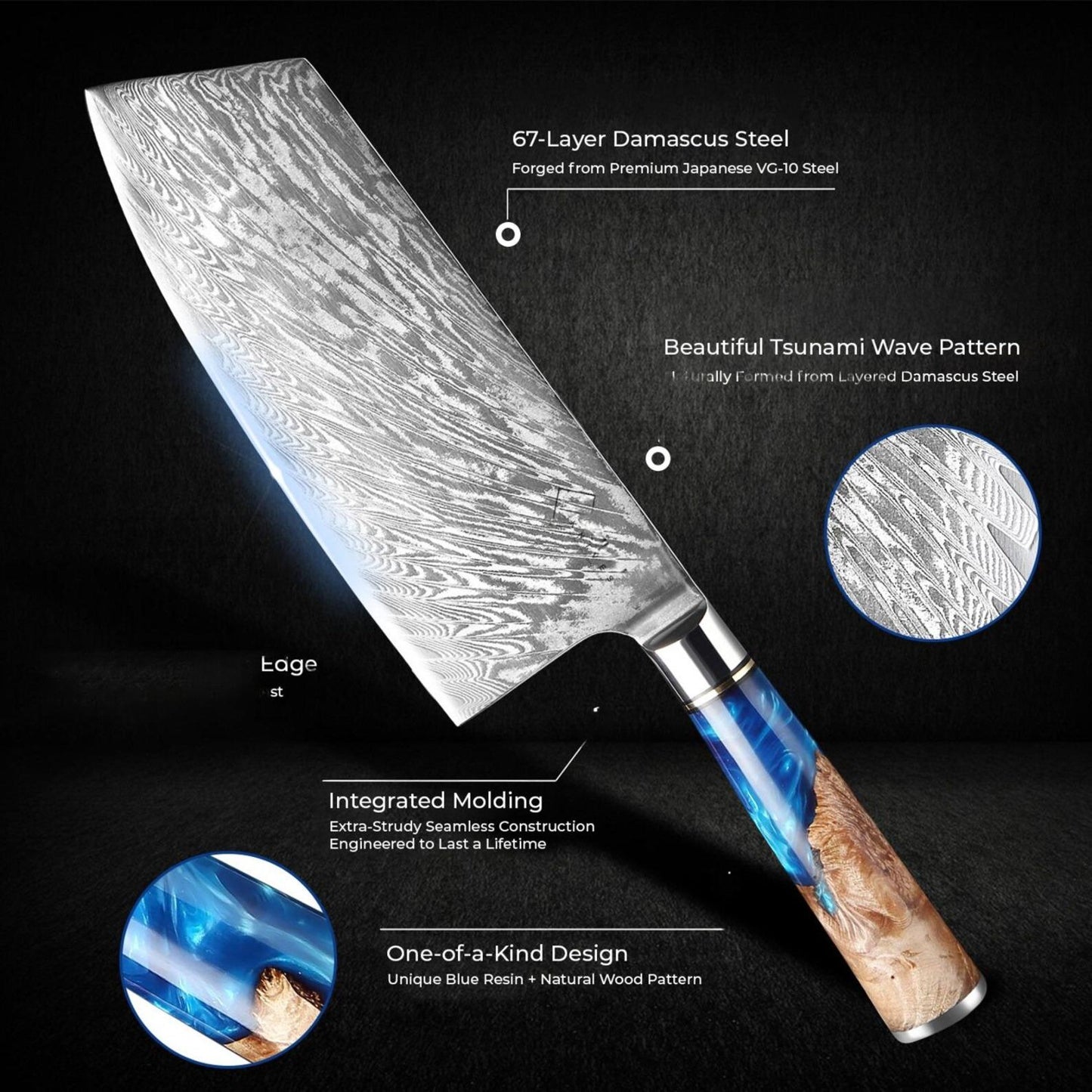 Damascus Japanese Cleaver 12.75" Knife VG10 Steel Blade