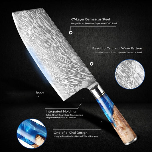 Damascus Japanese Cleaver 12.75" Knife VG10 Steel Blade