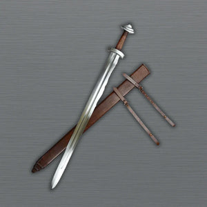 Viking Sword with a brown sheath on a gray background