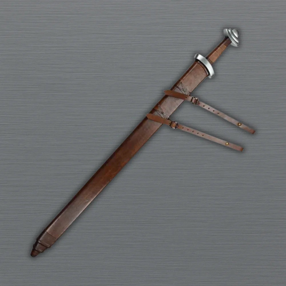 Viking Sword with brown sheath on a gray background