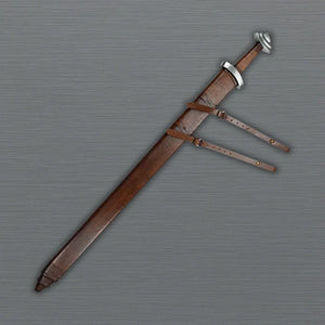 Viking Sword with brown sheath on a gray background