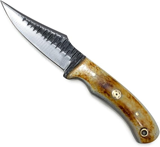 Carbon Steel Hunting Knife Leather Sheath & Bone Grip