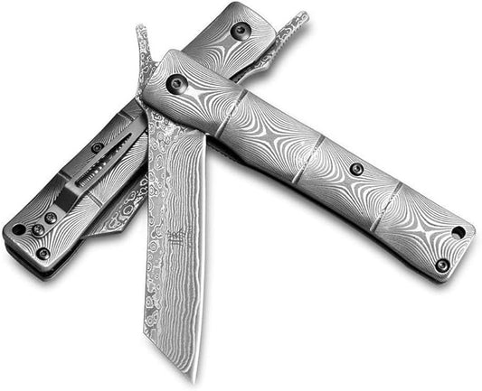Damascus Folding 7" Knife Bamboo Style with Clip & Sheath