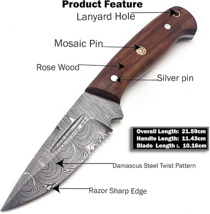 Damascus Hunting 8" Knife Handle Walnut Wood & Leather Sheath