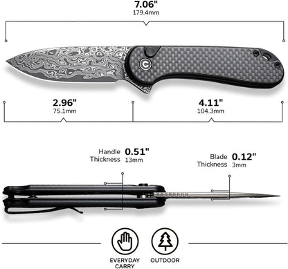 Elementum II Pocket Folding 7" Knife Damascus Blade
