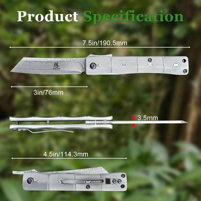Damascus Folding 7" Knife Bamboo Style with Clip & Sheath
