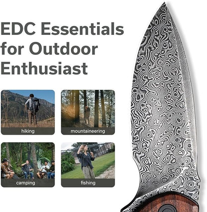 Wood Handle Damascus Mini Folding Pocket 2.98" Knife