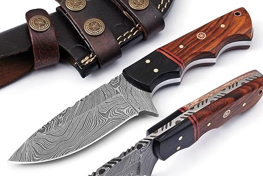 Hand-Forged Damascus 8" Knife Rosewood Handle And Sheath