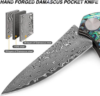 Damascus VG10 Folding Knife With Clip & Sheath