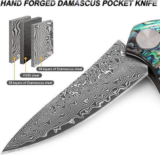 Damascus VG10 Folding Knife With Clip & Sheath