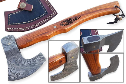 Hand-Forged Damascus Axe with Wooden Handle & Sheath
