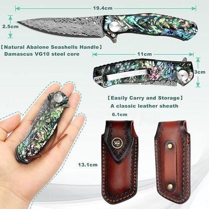 Damascus VG10 Folding Knife With Clip & Sheath