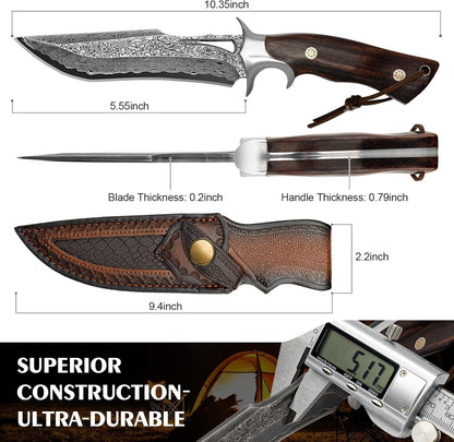 Full Tang Damascus Hunting 10.4" Knife Rosewood Handle