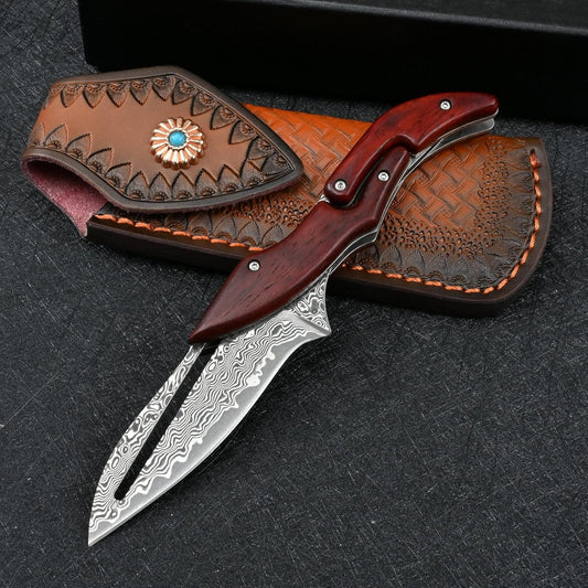 Sandalwood Handle Damascus Folding Pocket Knife