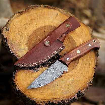 Damascus Hunting 8" Knife Handle Walnut Wood & Leather Sheath