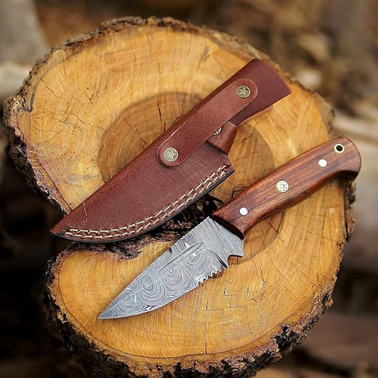 Damascus Hunting 8" Knife Handle Walnut Wood & Leather Sheath