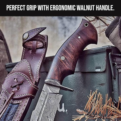 Handmade Damascus Hunting 10" Knife Walnut Wood Handle