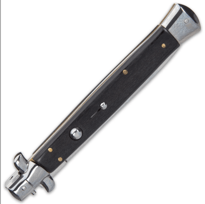 Automatic Italian Black Stiletto Knife - Stainless Steel Blade, Acrylic Handle Scales, Push Button Open, Swivel Lock