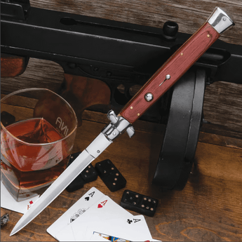 Automatic Italian Wooden Stiletto - Stainless Steel Blade, Wooden Handle Scales, Push Button Open, Swivel Lock