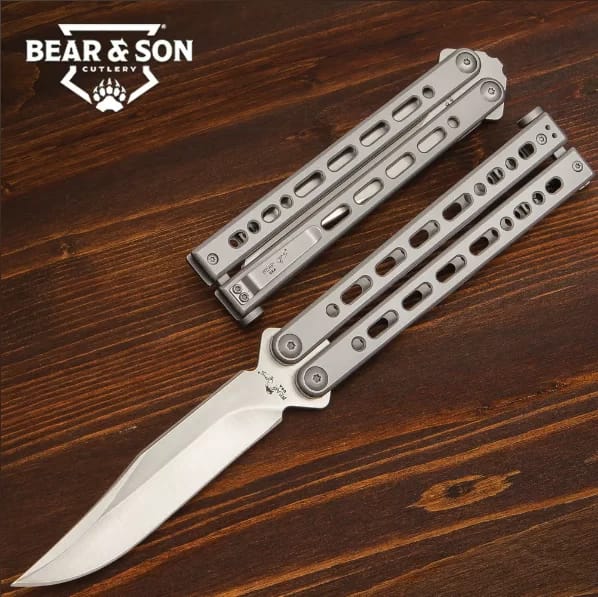 BEAR SONG VIII GREY BUTTERFLY KNIFE - 154CM STEEL BLADE, STAINLESS STEEL HANDLE, CERAKOTE FINISH, AMERICAN MADE - LENGTH 9 1/2”
