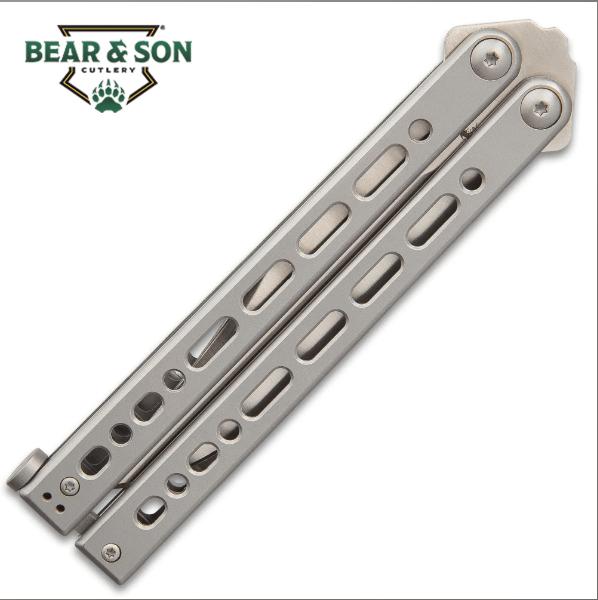 BEAR SONG VIII GREY BUTTERFLY KNIFE - 154CM STEEL BLADE, STAINLESS STEEL HANDLE, CERAKOTE FINISH, AMERICAN MADE - LENGTH 9 1/2”