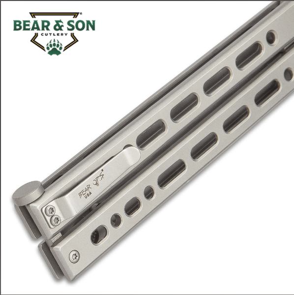 BEAR SONG VIII GREY BUTTERFLY KNIFE - 154CM STEEL BLADE, STAINLESS STEEL HANDLE, CERAKOTE FINISH, AMERICAN MADE - LENGTH 9 1/2”
