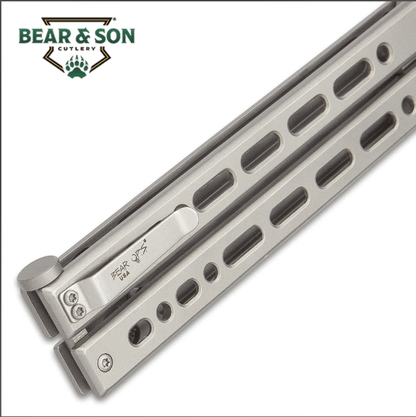 BEAR SONG VIII GREY BUTTERFLY KNIFE - 154CM STEEL BLADE, STAINLESS STEEL HANDLE, CERAKOTE FINISH, AMERICAN MADE - LENGTH 9 1/2”