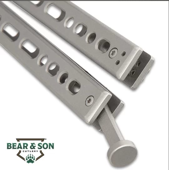 BEAR SONG VIII GREY BUTTERFLY KNIFE - 154CM STEEL BLADE, STAINLESS STEEL HANDLE, CERAKOTE FINISH, AMERICAN MADE - LENGTH 9 1/2”