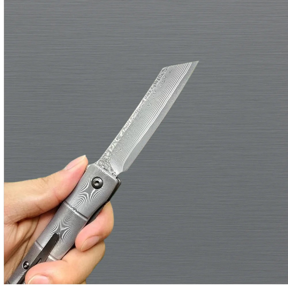 Damascus Folding Knife Bamboo Style with Clip & Sheath